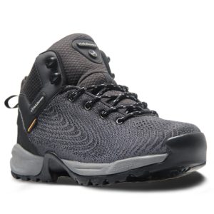 Sepatu trail running outdoor hitam abu-abu dengan bahan mesh breathable dan sol karet anti slip untuk aktivitas trekking dan kerja lapangan