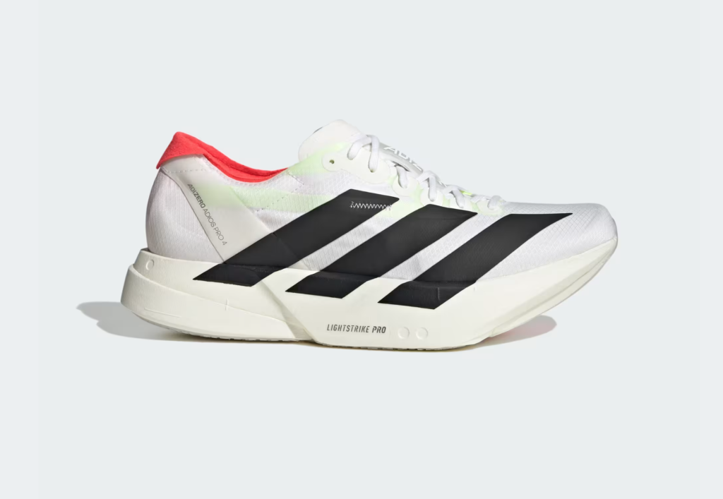 Sepatu lari Adidas Adizero Adios Pro 4 dengan desain super shoes untuk kecepatan maksimal.