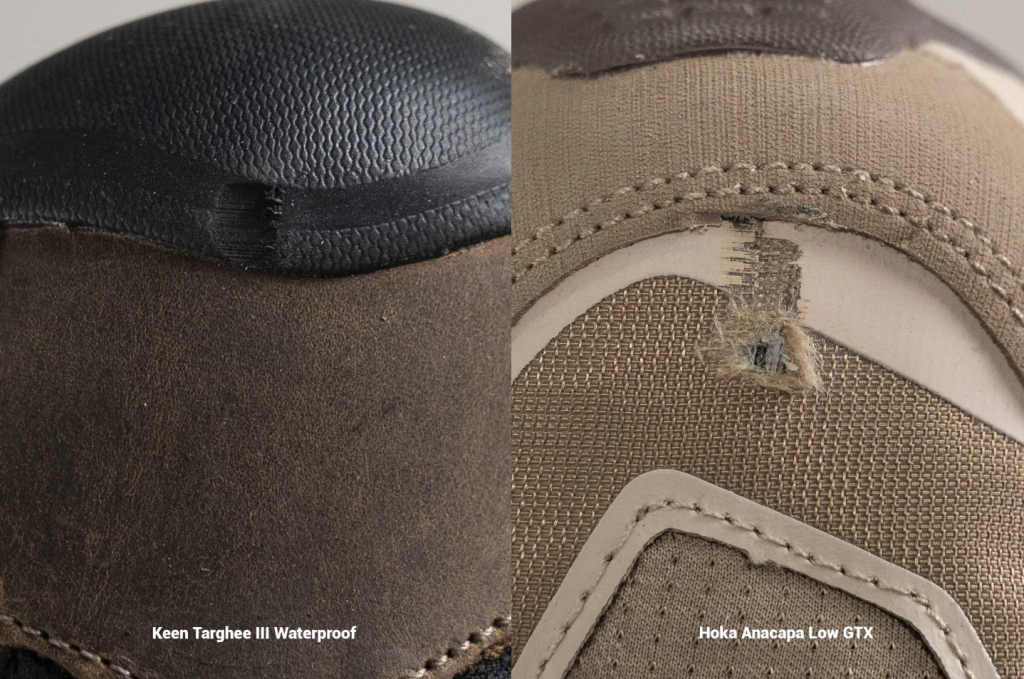 Close-up kerusakan dan kualitas upper sepatu Keen Targhee III Waterproof dan Hoka Anacapa Low GTX untuk membandingkan daya tahan material.