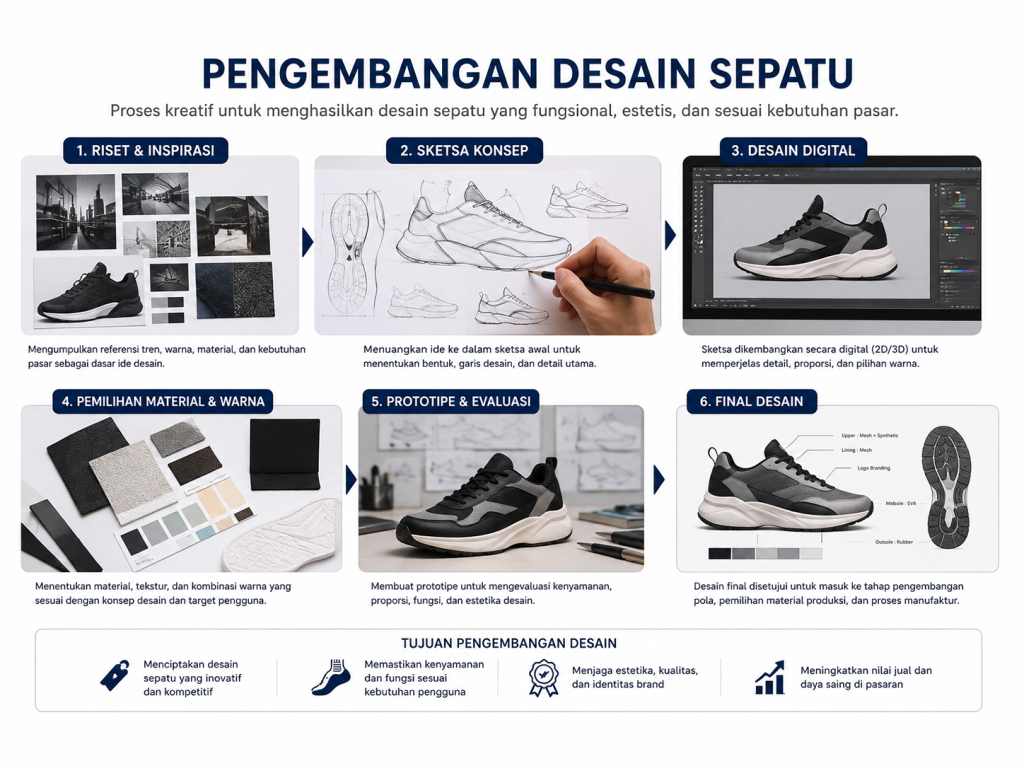 Infografis proses produksi sepatu dari pengembangan desain hingga cutting component