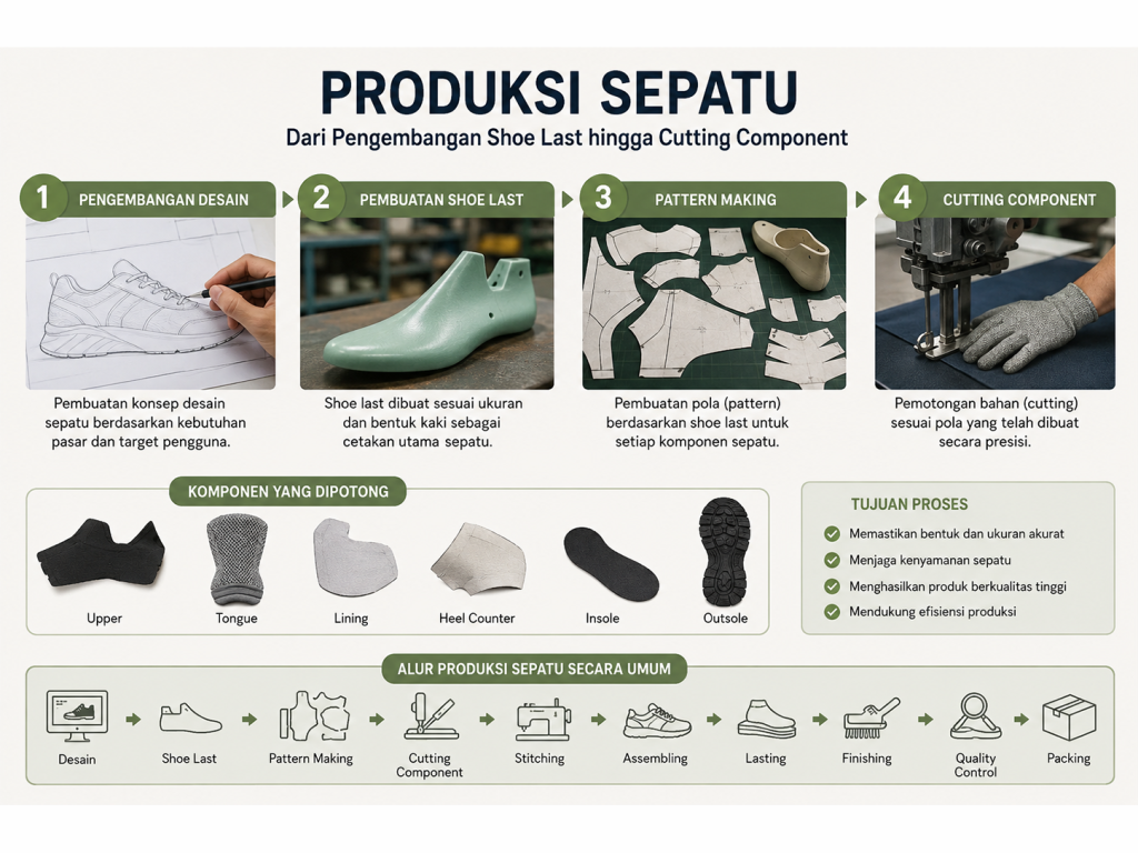 Proses pengembangan desain sepatu dari riset, sketsa konsep, desain digital, hingga final desain produksi